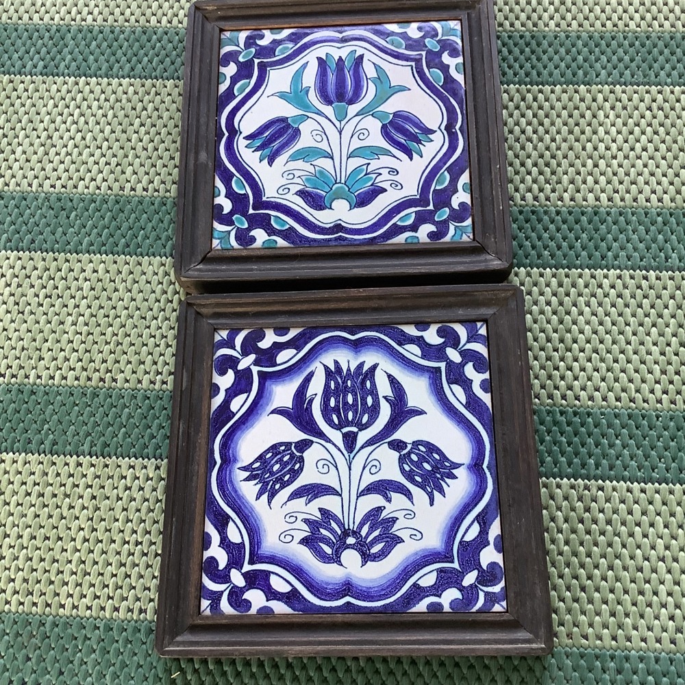 Vintage Koch Workum Framed Ceramic Tiles Set of 2 Blue Floral Tulip Wall Art